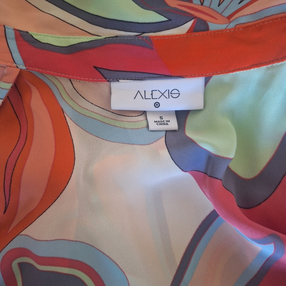 Alexis Multicolor Abstract Midi Shirt Dress in Coral, Blue, Cream  Size S - Picture 3 of 6